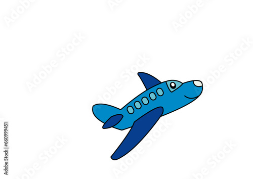 Dibujo infantil avión azul con cara sobre fondo de color