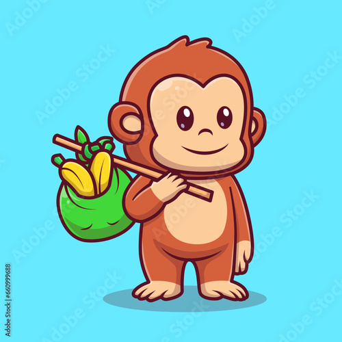 Cute Monkey Bring Banana With Bag Cartoon Vector Icon
Illustration. Animal Nature Icon Concept Isolated Premium
Vector. Flat Cartoon Style