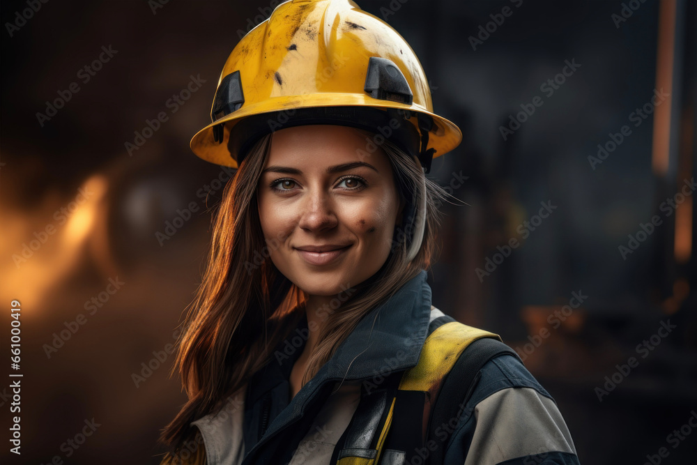 Smiling girl - professional worker in a hard hat at a factory Smiling girl - professional worker in a hard hat at a factory