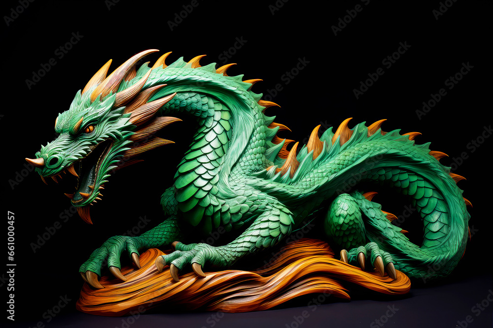 Green dragon statue. Symbol of 2024 on blurred background. Green Chinese dragon wooden sculpture. Mythological creature. Green fantasy dragon. Green dragon statue. Symbol of 2024 on blurred background. Green Chinese dragon wooden sculpture. Mythological creature. Green fantasy dragon.