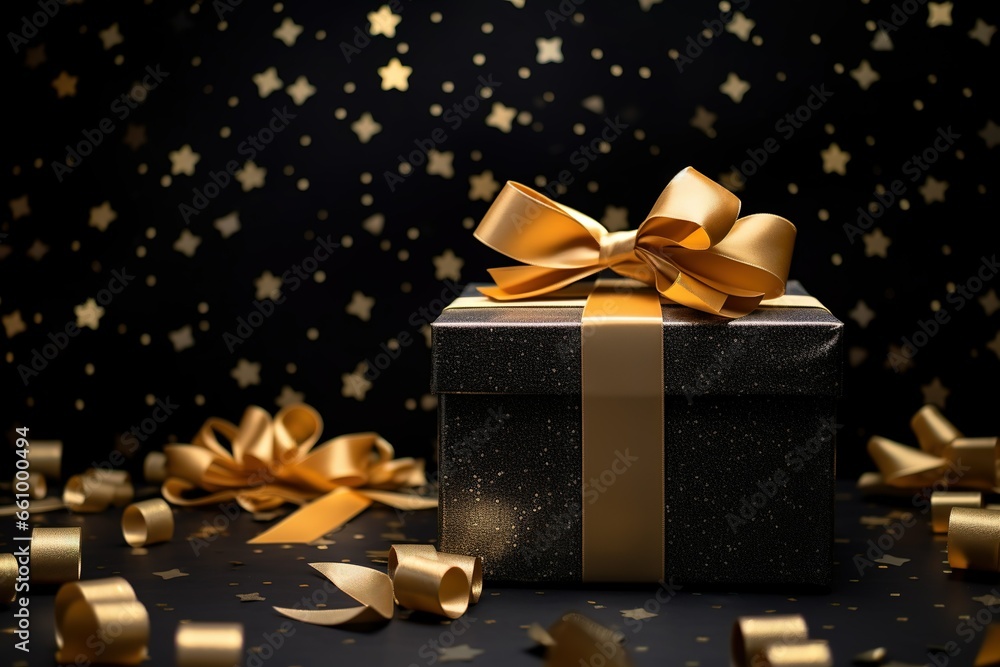 The box is black with a gold ribbon. The box is black with a gold ribbon.