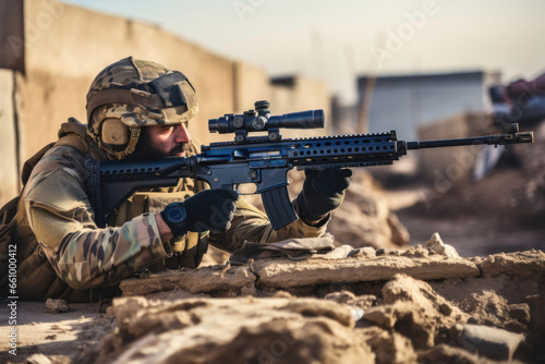 A soldier with an automatic weapon among the destruction aims at the enemy