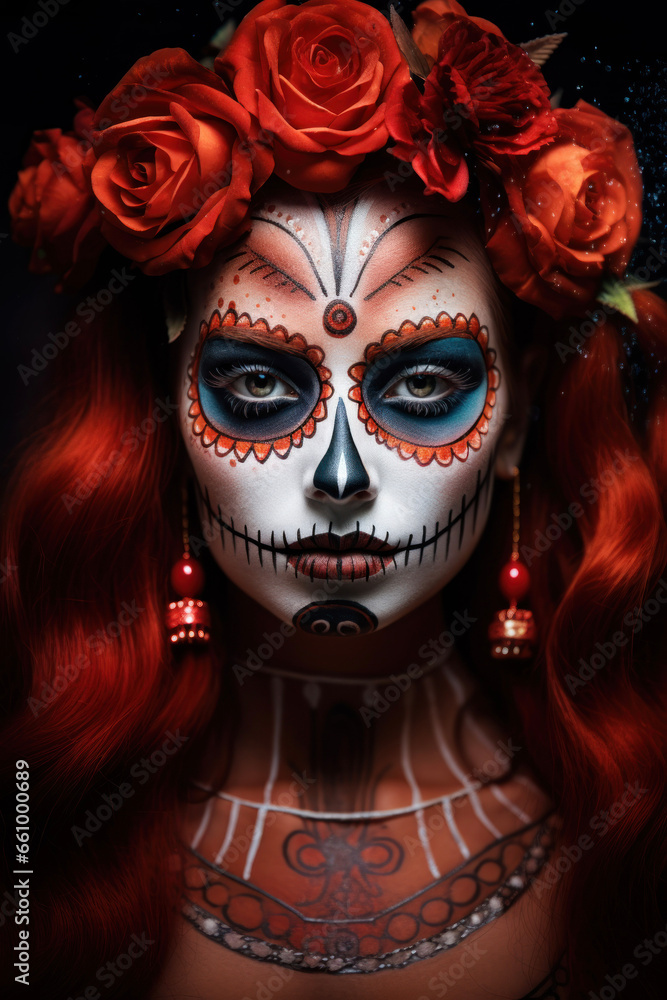Fashion makeup for the Day of the Dead and Halloween in red colors