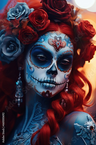Fashion makeup for the Day of the Dead and Halloween in blue tones
