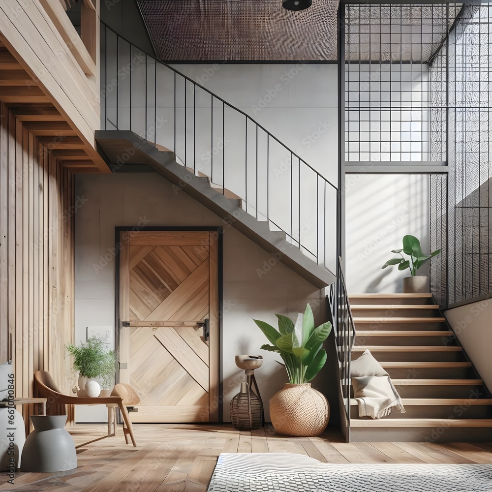 Scandinavian interior design of modern entrance hall with grid door ...