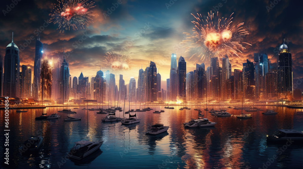 Obraz premium New Year's Eve fireworks over a modern, Arab city