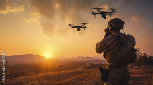 Silhouette of soldier using drones for military combat or scouting operation.Silhouette of soldier using drone for military combat or scouting operation. photo