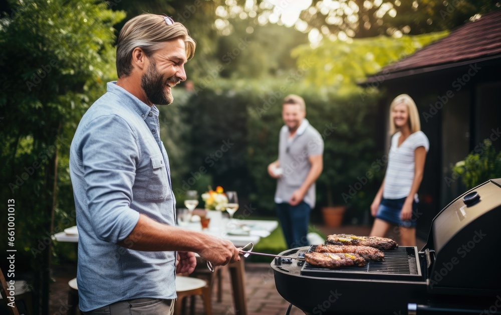 a happy man grilling in his backyard, talking with his friends and family