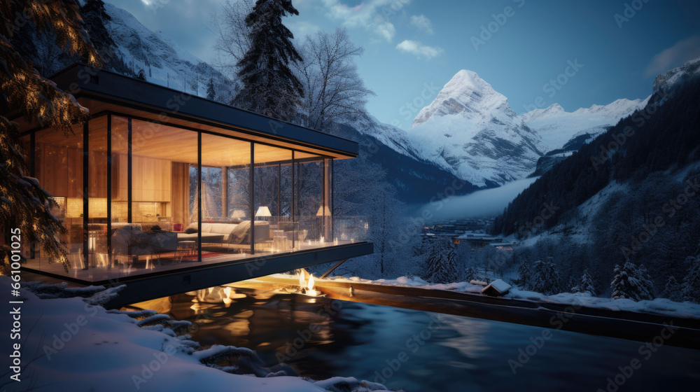 Fototapeta premium Winter landscape with a luxurious pool in the foreground
