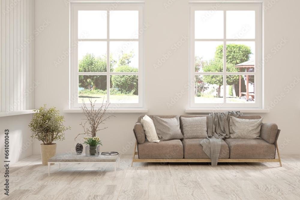 Bright interior design with modern furniture and summer landscape in window. 3D illustration Bright interior design with modern furniture and summer landscape in window. 3D illustration