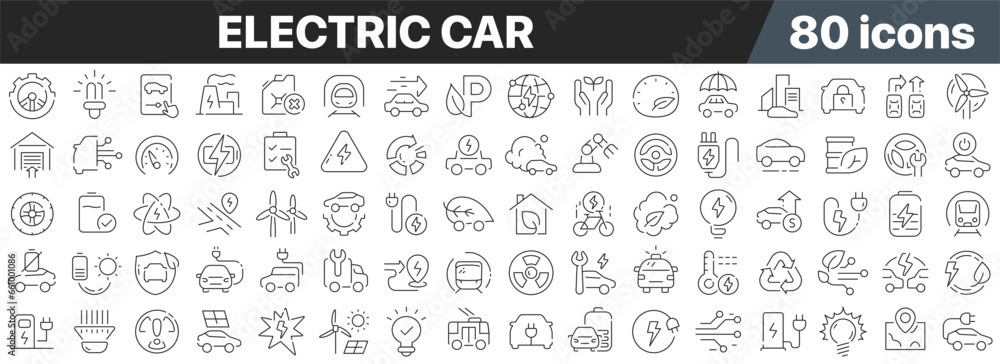 Electric car line icons collection. Big UI icon set in a flat design. Thin outline icons pack. Vector illustration EPS10 Electric car line icons collection. Big UI icon set in a flat design. Thin outline icons pack. Vector illustration EPS10