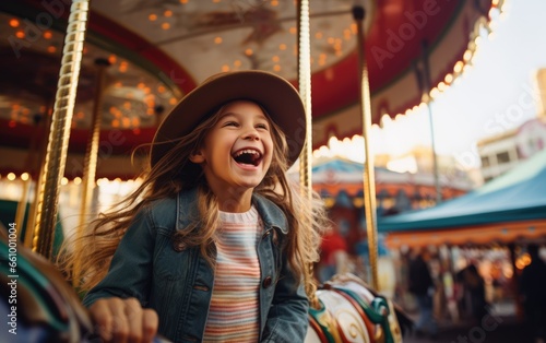 A happy young girl expressing excitement while on a colorful carousel © Andrus Ciprian