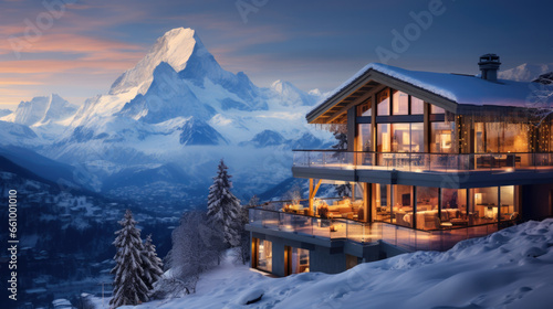 A villa stands on a mountain in winter. In the background you can see a snow-capped mountain. © jr-art