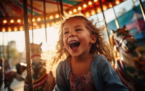 A happy young girl expressing excitement while on a colorful carousel © Andrus Ciprian