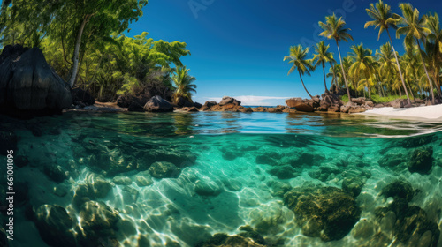 Clear sea water in the Caribbean and palm trees on an island
