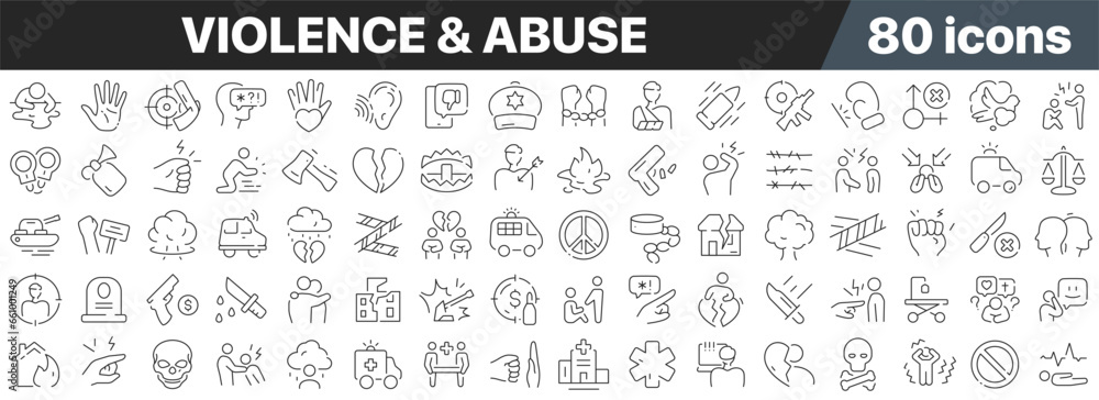 Violence and abuse line icons collection. Big UI icon set in a flat design. Thin outline icons pack. Vector illustration EPS10 - obrazy, fototapety, plakaty 
