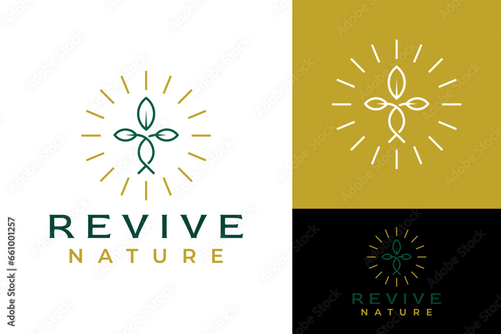 Fototapeta premium Simple Monoline Leaf Leaves Revive Life Sun Light Around Woman Empowerment Logo Design Branding Template