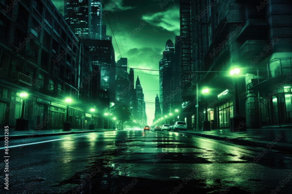 far distance city at night green tint