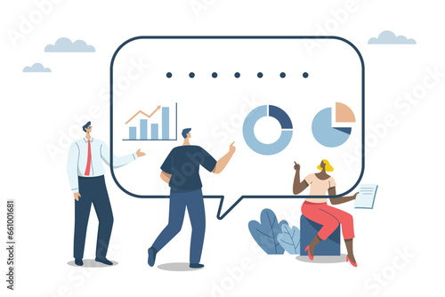 Organizational communication between co-workers, managers and teams. Productive conversation or discussion in the workplace, Communication concepts, Having fun discussions at work. Vector illustration