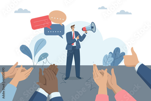 Discussion, Speaking at meeting, Productive conversation or discussion in the workplace, Colleagues applaud in appreciation for wonderful speech. Businessman uses megaphone to speak. Vector design.