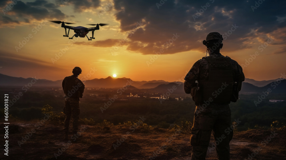 Silhouette of soldiers using drone for military combat or scouting operation.Silhouette of soldier using drone for military combat or scouting operation.