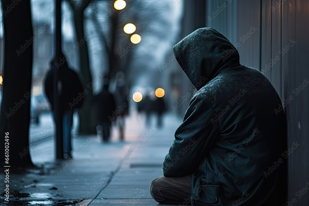 Obraz premium Portrait of despair. Homeless man in city. Lonely and hopeless. Face of urban homelessness. Street life struggles. Weight of desperation. Battling solitude