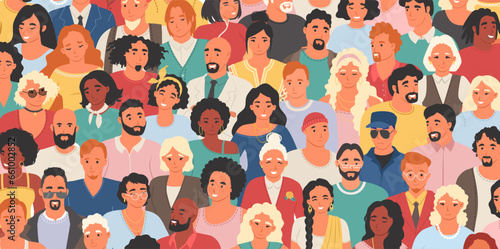 Crowd of diverse multinational people looking up seamless pattern