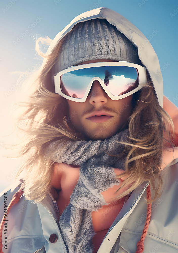 Close up photo if snowboarder with glasses nad cap. Sunny winter day. Winter concept Close up photo if snowboarder with glasses nad cap. Sunny winter day. Winter concept
