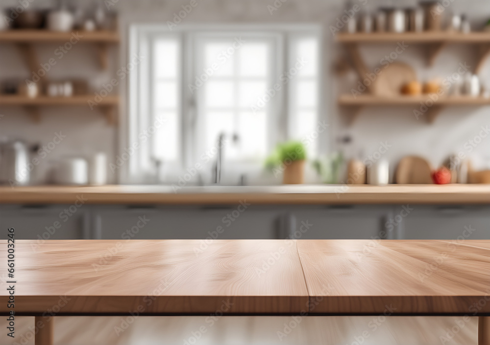 Empty wooden table close-up on the background of a blurred spacious kitchen. Generative AI Empty wooden table close-up on the background of a blurred spacious kitchen. Generative AI