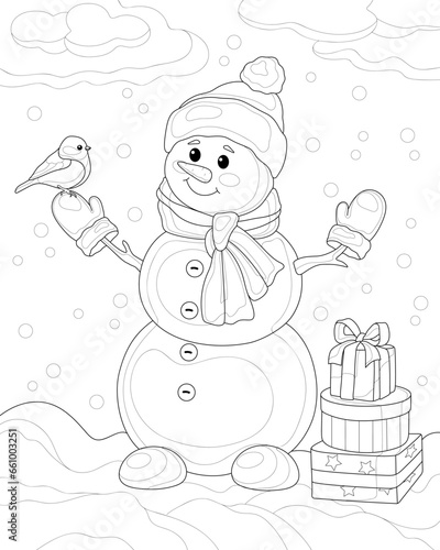 Snowman in a hat and scarf with a titmouse and gifts. Black and white vector illustration. Coloring.