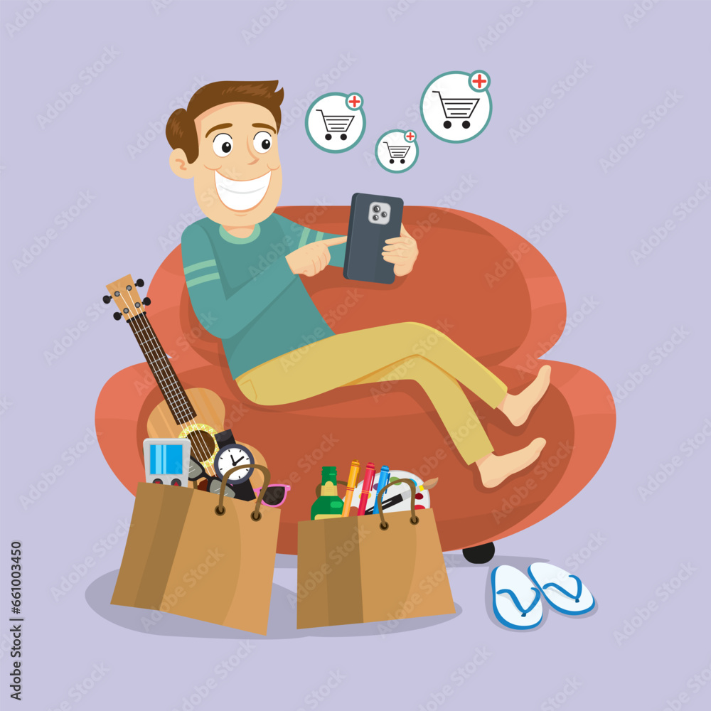 Happy man shopping online sitting on sofa at home, using online shopping app, illustration, vector, cartoon, EPS 10. Happy man shopping online sitting on sofa at home, using online shopping app, illustration, vector, cartoon, EPS 10.