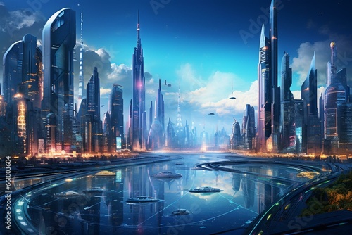 An illustration depicting a futuristic city with a digitally painted concept. Generative AI