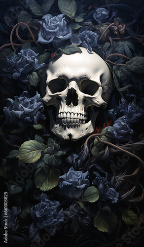 skull and blue roses - generative ai © James