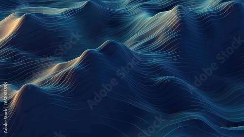 A captivating blue 3D topographic line contour map background with fluid, wave-like patterns, offering a visually engaging geospatial aesthetic. photo