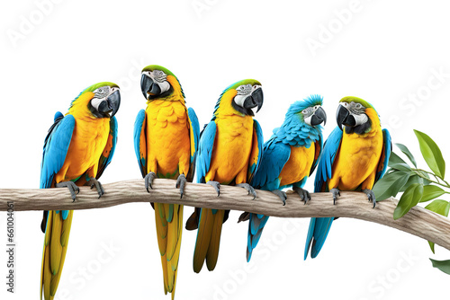Group of macaw birds on a branch on a white background. Birds. Animals.