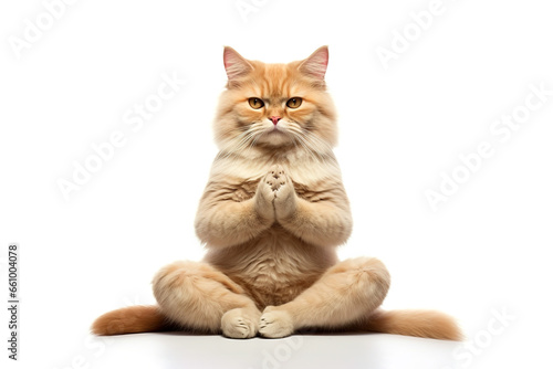 Image of cute cat doing yoga on white background. Pet, Animals.