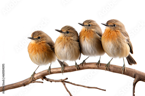 Image of group of buff-breasted babbler birds on a branch on a white background. Birds. Animals.