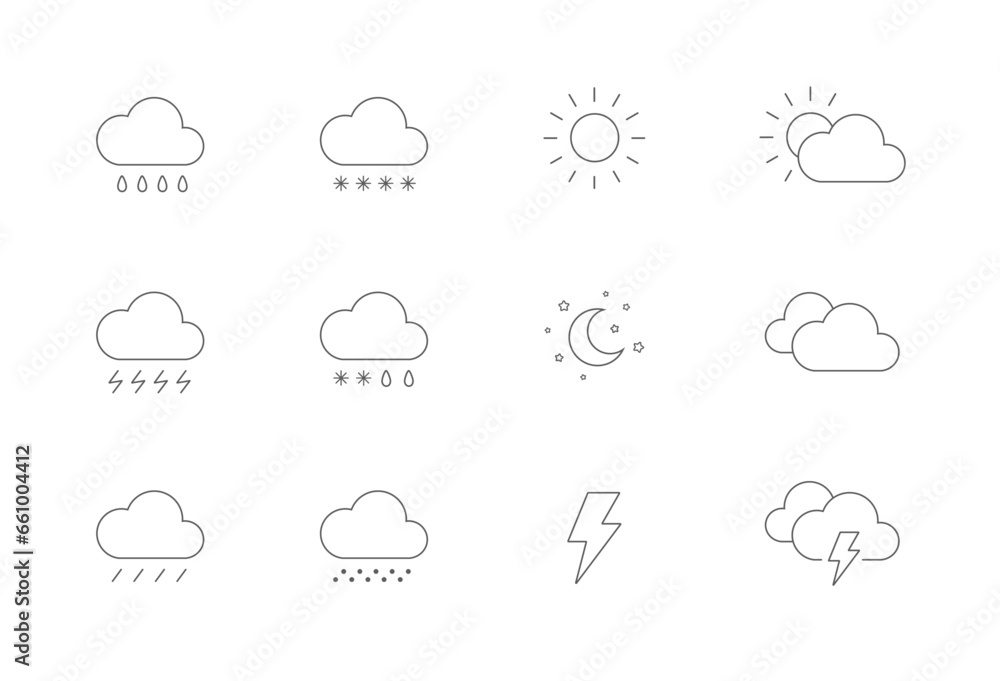 Weather icon set. Clouds, sun, moon, lightning Weather icon set. Clouds, sun, moon, lightning