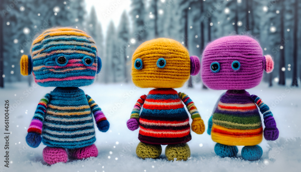 cute robots in woolen clothes