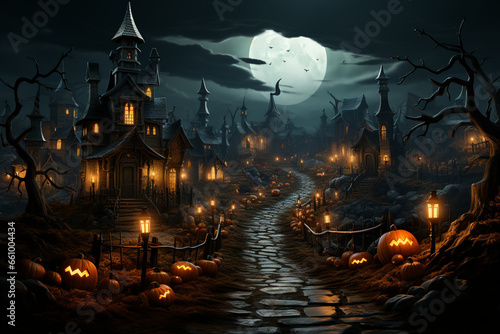 Eerie Halloween Scenes: Glowing Pumpkin Lanterns, Moonlit Mystic Forests, Graveyard with Spooky Pumpkins, & Atmospheric Haunting Backdrops. Ai Generative © Alex