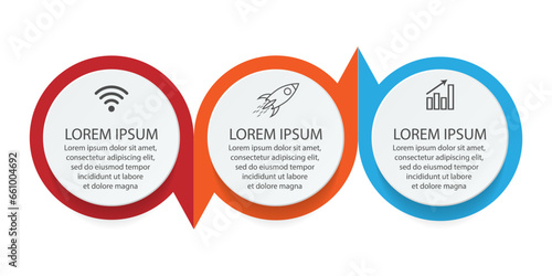 infographic template design, minimalist concept, interconnected circles with 3 steps, lines and colors in each step, good for your business presentation