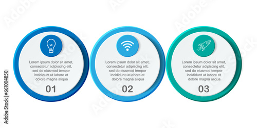 infographic template design, minimalist concept, interconnected circles with 3 steps, lines and colors in each step, good for your business presentation