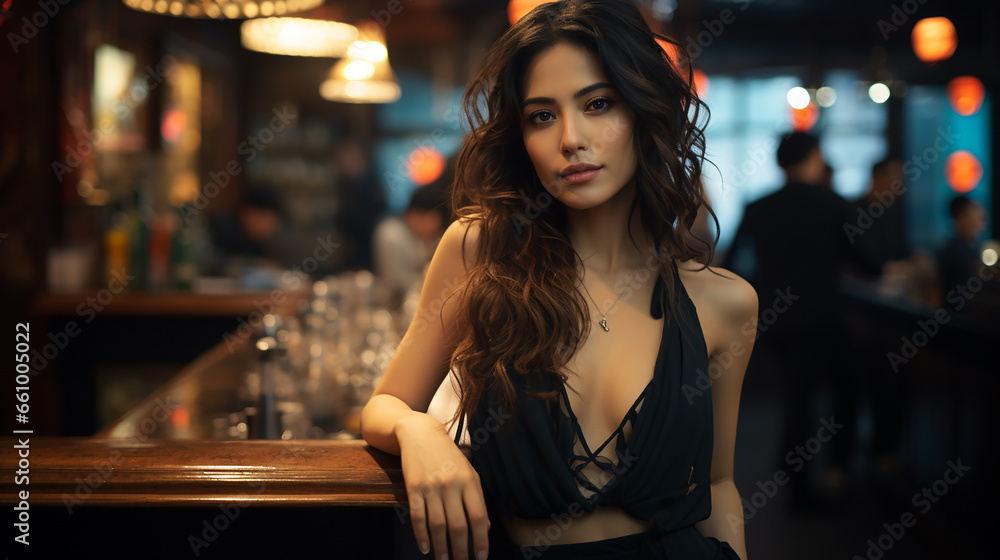 sensual brunette in a bar near the counter sensual brunette in a bar near the counter
