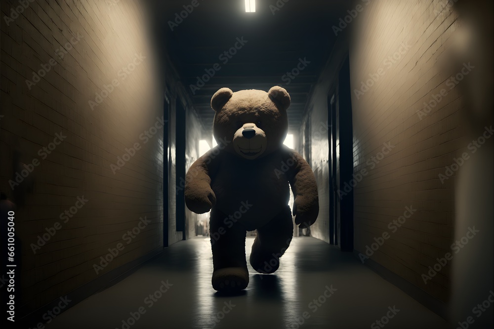 giant human sized teddy bear running down dark nightmare dungeon
