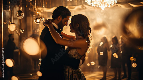 An elegantly dressed couple dance closely together at a party