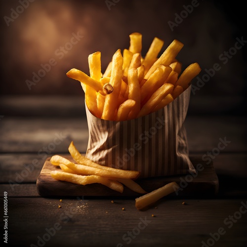 good photography of delicious looking French fries on a wooden table food photography photorealistic pixar ultra detail ultra realism high key cinematic Professional food photography award winning 