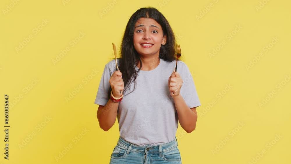 Ready to eat. Hungry Indian woman waiting for serving dinner dishes with with restlessness holding cutlery fork knife will appreciate delicious restaurant meal. Excited girl on yellow background Ready to eat. Hungry Indian woman waiting for serving dinner dishes with with restlessness holding cutlery fork knife will appreciate delicious restaurant meal. Excited girl on yellow background