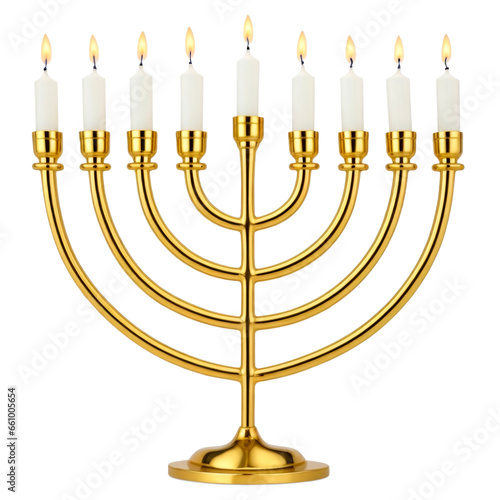 Hanukkah menorah with burning candles isolated on transparent background. AI generative photo