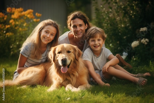 Friendly and cheerful family of parents with children and a dog. We were relaxing in the summer garden happily during summer and holidays Happy family on family vacation.