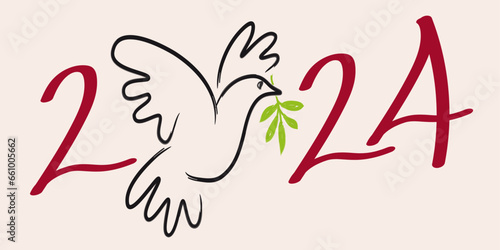 Illustration au trait d’une colombe avec un rameau d’olivier, pour souhaiter une année 2024 sous le signe utopique de la paix dans le monde. photo